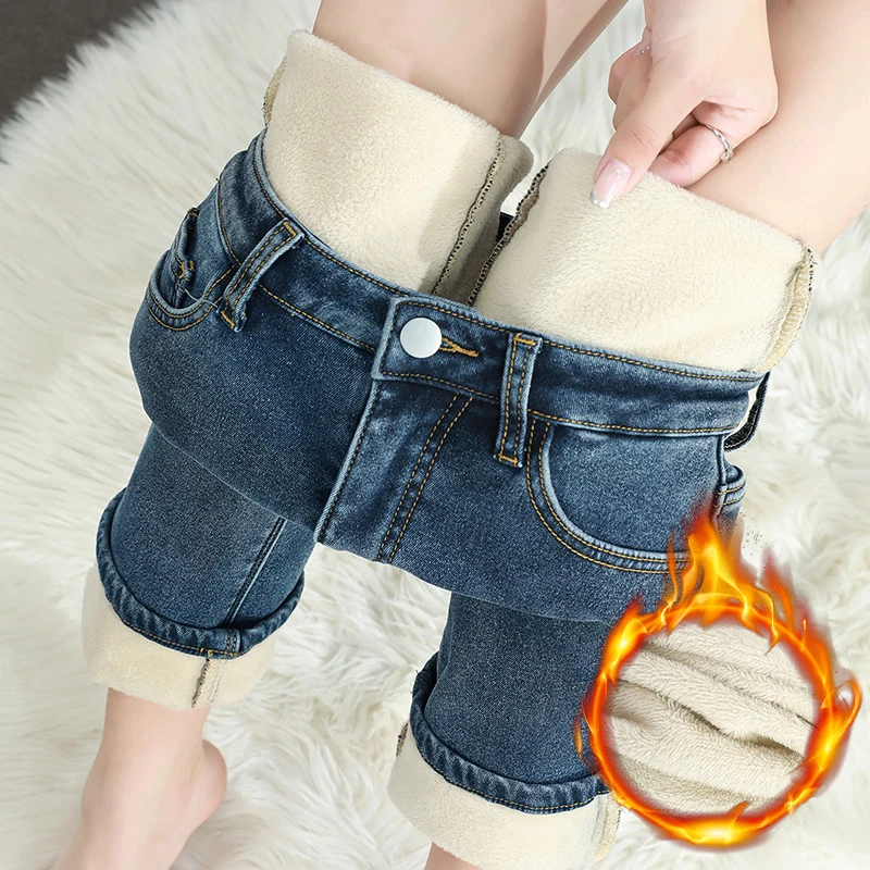 Women's Winter Fleece Warm Jeans Retro Slim Straight Elastic Cotton Thickened Warm Denim Pants Fashion Female Clothing 2