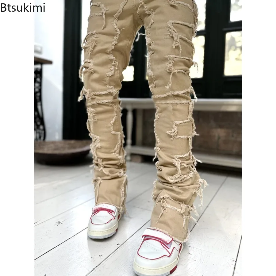 2023 Fashion Hollow Out Ripped Men's Jeans Streetwear Y2K Style Patchwork Design Straight Denim Trousers for Men Stretch Jeans