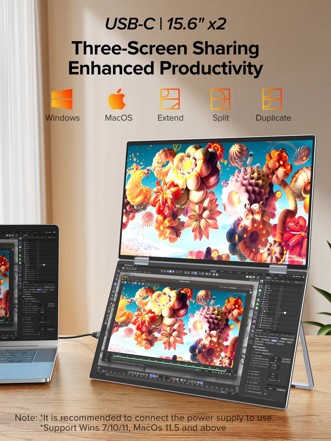 노트북 화면 확장기용 UPERFECT Delta 휴대용 모니터 15.6인치 FHD 1080P 듀얼 모니터(스탠드 포함) 및 VESA 360° 접이식 여행용 모니터 노트북 PC용 스택 트리플 모니터 Window