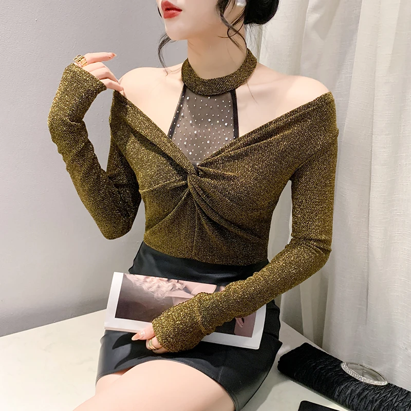 

2024 Spring Summer Clothes T-Shirt Off Shoulder Twist Together Patchwork Halter Sexy Diamonds Women Tops Long Sleeve Tees 42007