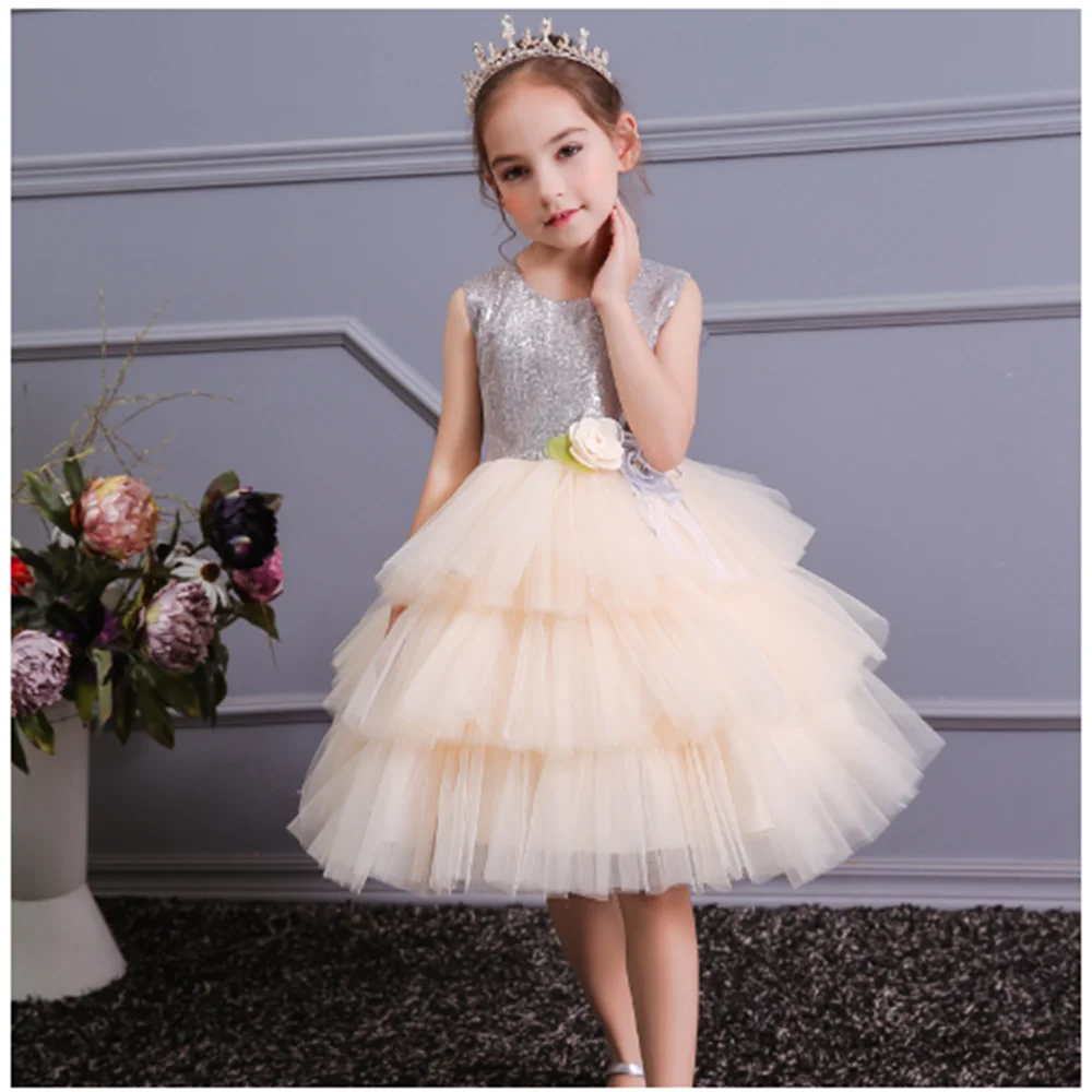 

Elegance Flower Girl Dress Sparkle Layered Knee Length First Communion Birthday Wedding Prom Party Tulle Customize Princess