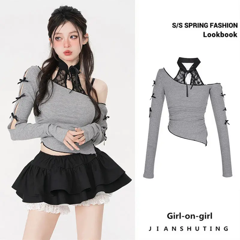 

Grey Halterneck Off Shoulder Long Sleeve T-shirt Lace Stitching Bow Fake 2pcs Women Short Top Hottie High Waisted Navel Exposed