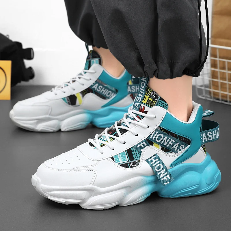 HKDQ Orange High Top Sneakers Men Street Outdoor Platform Men's Designer Shoes Fashion Casual Leather Lace-up Dad Shoes For Man