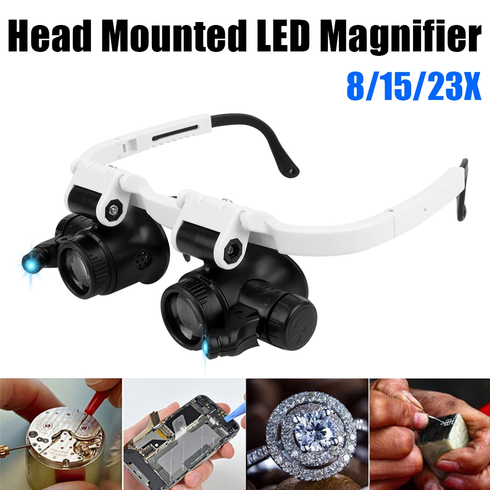 For Electronics Watch Repair Dual-Lens Eye Loupe Magnifier Head Mount  Magnifying Glass 8x 15x 23x LED Lights Glasses Magnifier - AliExpress