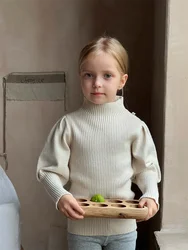 Sweater Children Clothing Puff Sleeve Woolen Yarn Undershirt Girls Half High Collar Retro 2023 Striped Pleated Simple