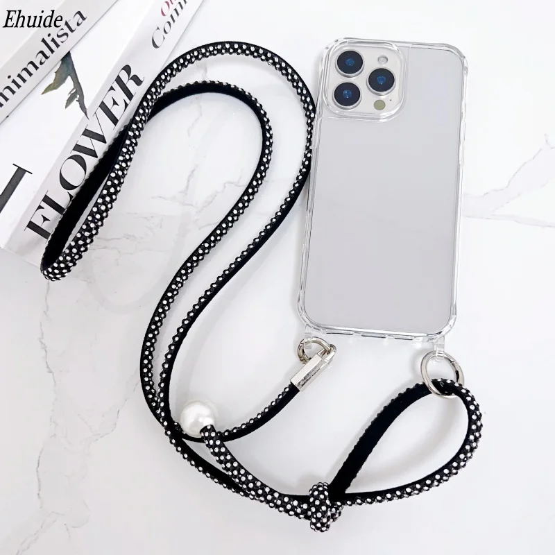 Luxury Pearl Chain Crossbody Strap Shockproof Phone Case with Acrylic Clear Cover