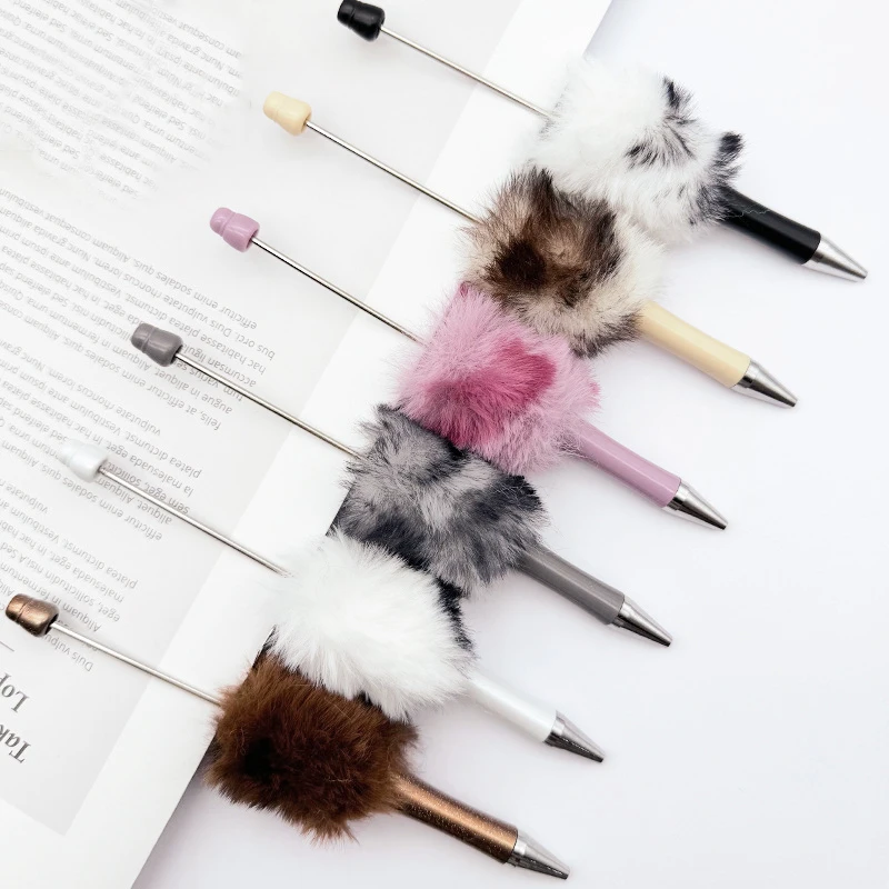 6 Stück Plüsch-Kugelschreiber mit Leopardenmuster, DIY-Stift mit Perlen, Kunststoff-Perlenstift, Schreibwaren für Schule und Büro – Detail 1