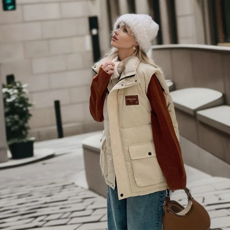 Winter Women Corduroy Cotton Vest Labeling Elegant Fashion Simplicity Thicken Coat Office Lady Cardigan Sleeveless Jacket
