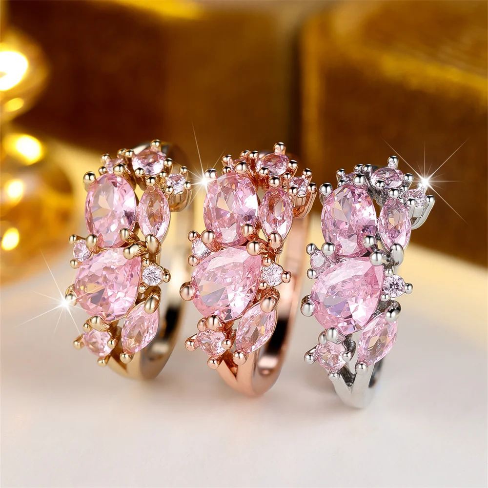 Pink Crystal Zircon Water Drop Stone Rings For Women Vintage Silver Color Engagement Ring Wedding Jewelry Bridal Versatile Gifts