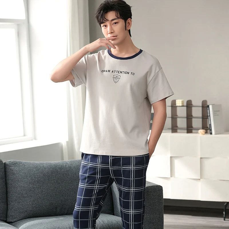 2022 Spring Plus Size Short Sleeve Long Pants Cotton Pajama Sets for Men Korean Sleepwear Suit Pyjama Male Homewear Home Clothes mens christmas pjs Pajama Sets