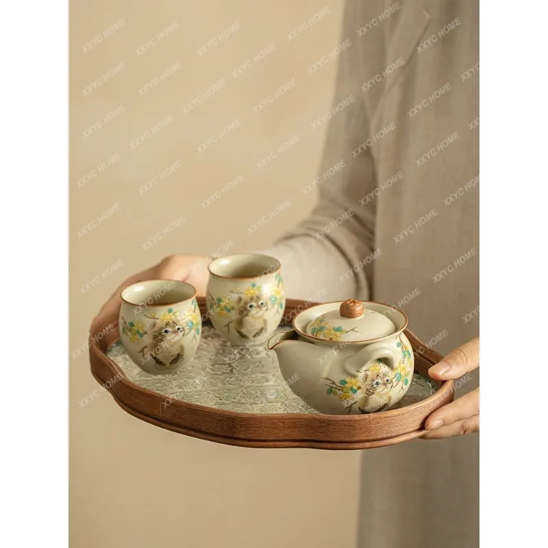 

Ru Ware Cat Pot Household Cover Teacup Tea Tray Tea Set Teapot One Pot Two Cups Anti-Scald Single Teapot Tea