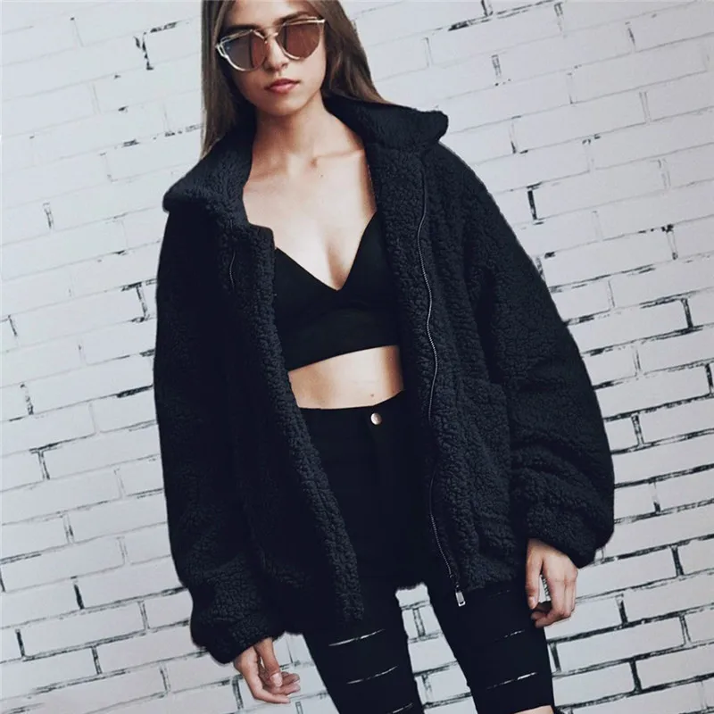 Fashion Casual Faux Fur Coat Ladies 2023 Winter Thick Warm Soft Wool Female Pocket Zipper Teddy Coat