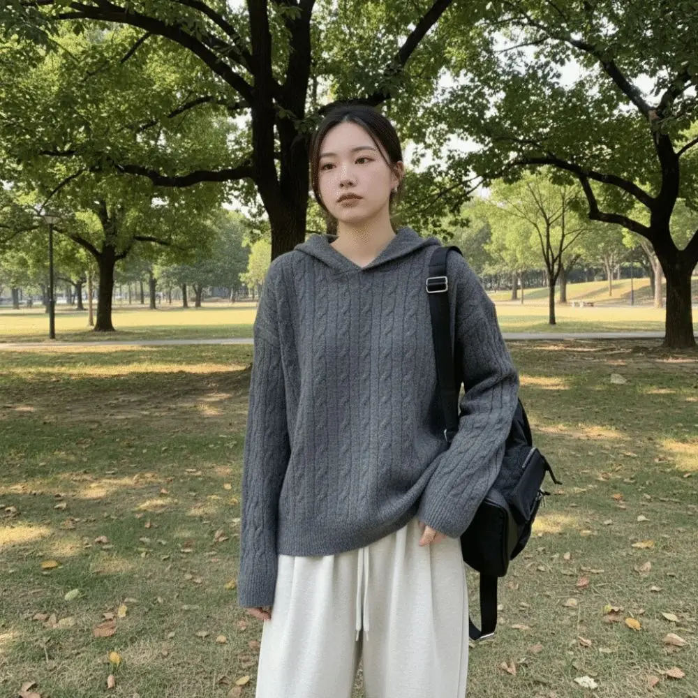 Spring Autumn Long Sleeve Knitted Hoodies Pullover Casual Hooded Sweatshirts Loose Simple Hooded Knitted Sweater School Student