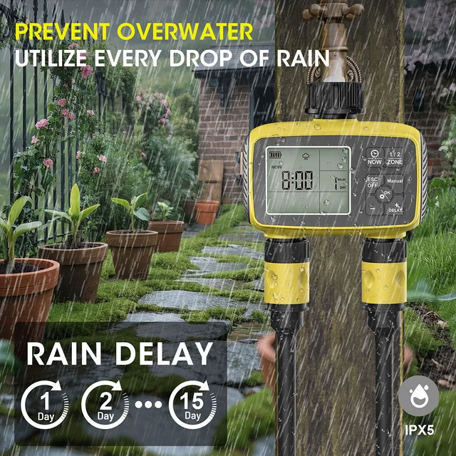 Large Screen Display Garden Irrigation Timer 2 Outlets Smart Water Timer Irrigation Control System Timed Water Value IPX5 4