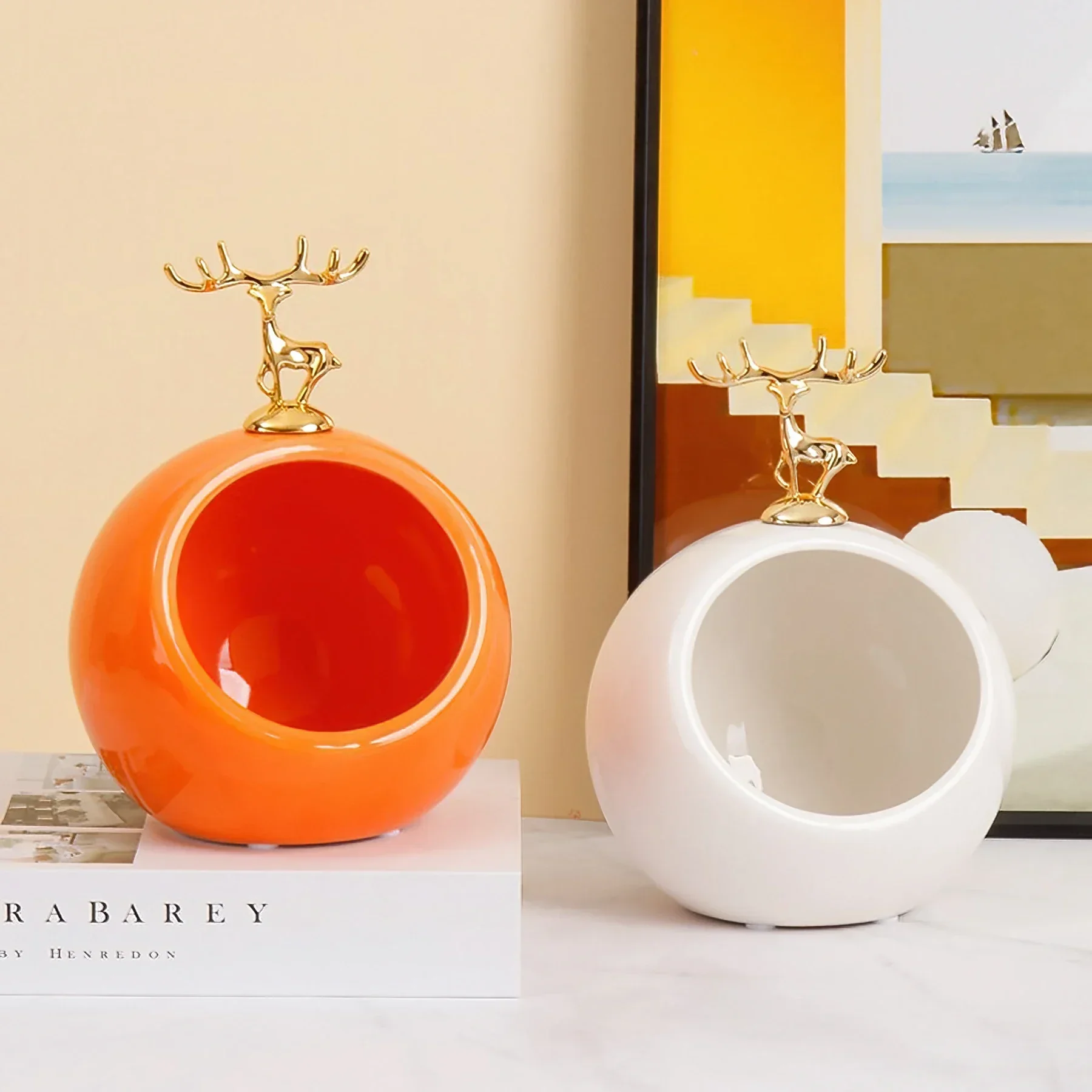 

Golden Deer Key Holder Polished Ceramic Ornament Trinket Holder Modern Home Decoration