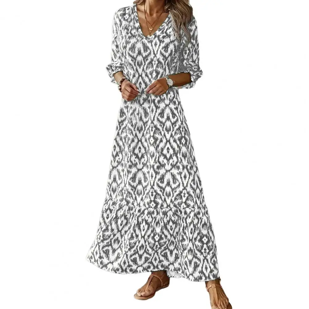

Mid-sleeve Printed Dress V-neck Print Patchwork Loose Ankle Length for Spring Fall Women