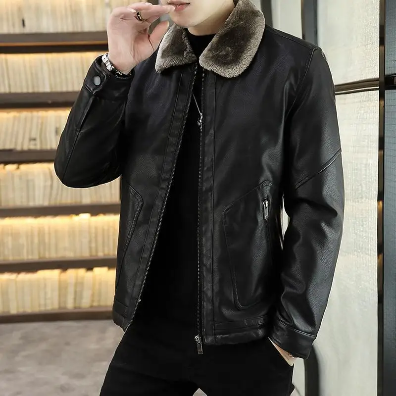 

Men PU Leather Jacket Thick Fleece Winter Coat Male Slim Fit Windproof Leather Motorcycle Jackets Mens Lapel Warm Coats E388