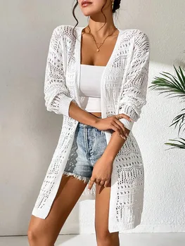 Polyester 100.00% solid color knitted cardigan with sun shading and loose fitting fashion, mid length and elegant sweater 1