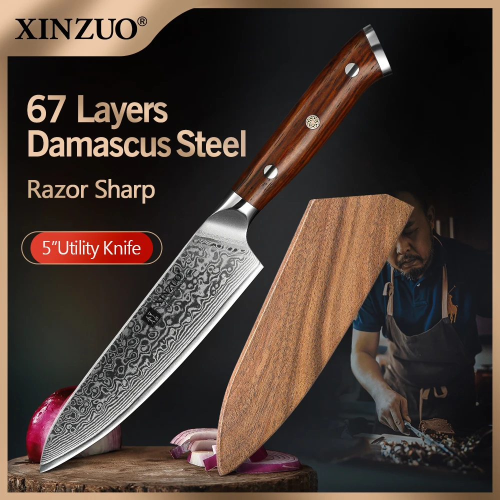 XINZUO 5'' Inch Utility Knives Japanese Damascus Steel Kitchen Knife Rosewood Handle Top Selling Small Knife Fruit Cook Knives