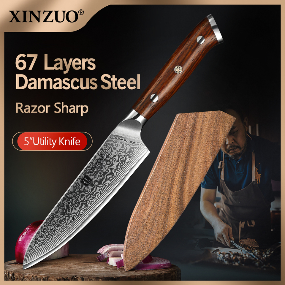 XINZUO 5'' Inch Utility Knives Japanese Damascus Steel Kitchen Knife Rosewood Handle Top Selling Small Knife Fruit Cook Knives