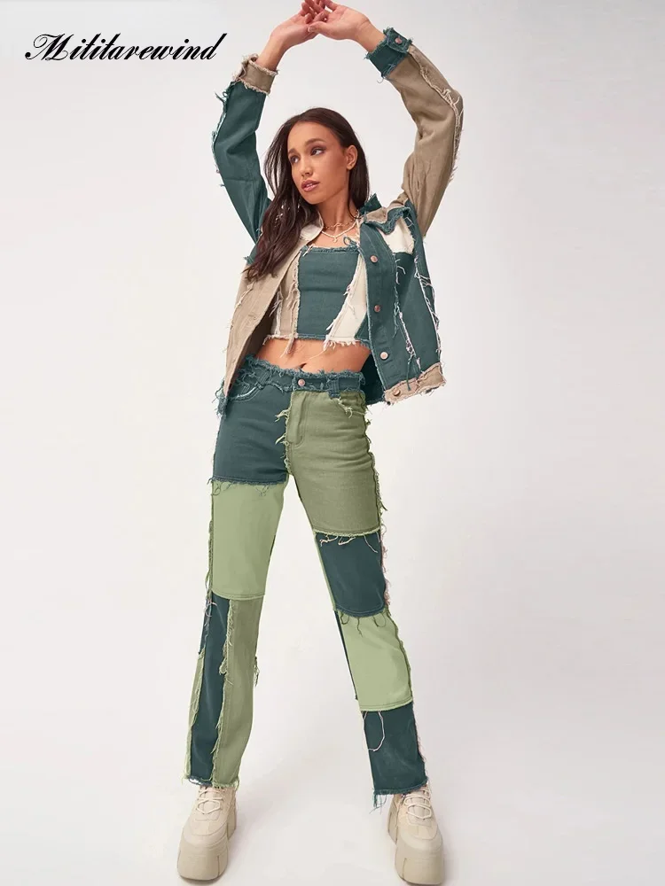 Pantaloni In Denim A Vita Alta Jeans Donna Patchwork Colore Streetwear Pantaloni In Denim Con Nappe Dritte Pantaloni Jeans Donna Y2K Taglia Xs-Xxl
