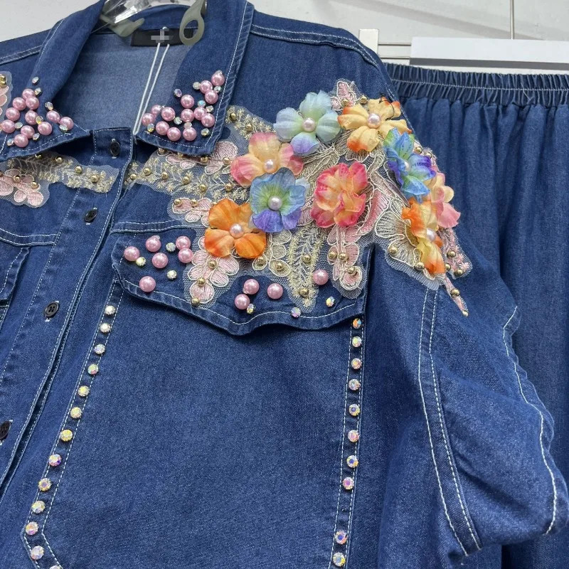 Conjunto de uds de camisa vaquera con bordado de flores y encaje