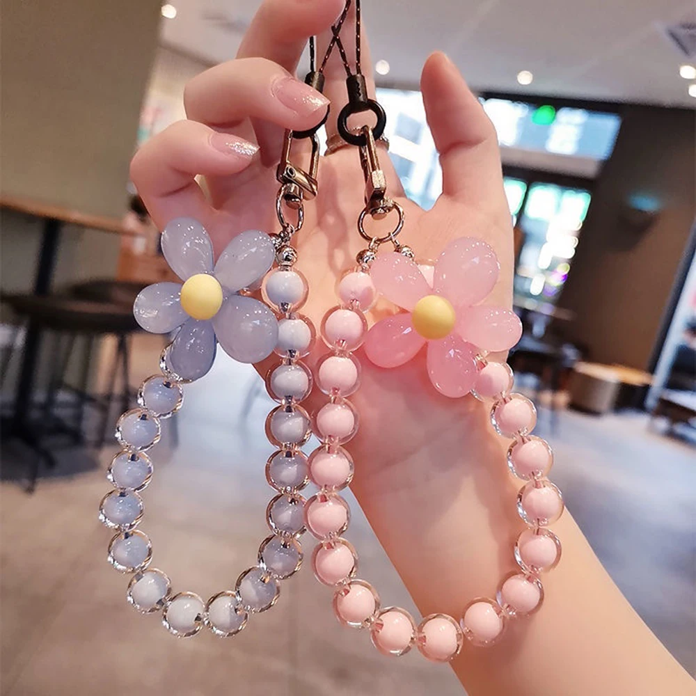 Phone Charm Colorful Lanyard Bow Heart Beaded Bracelet Flower Butterfly Pearl Mobile Phone Wrist Strap Acrylic Anti-Lost Chains
