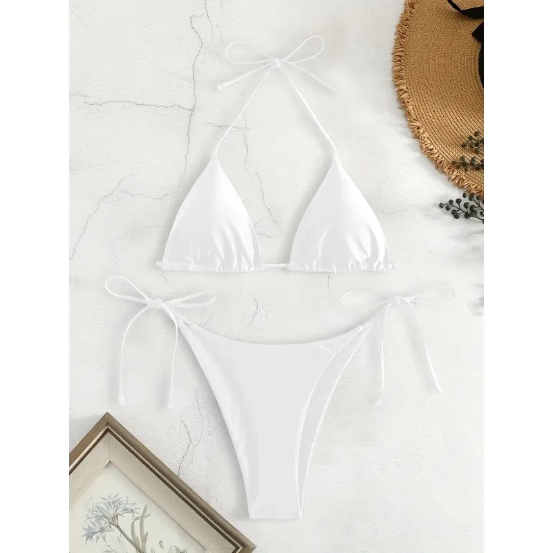 Bikini Set Women's Solid-color Separate Beach Wear Halter Three-point Backless Adjustable Lace-up Swimsuit