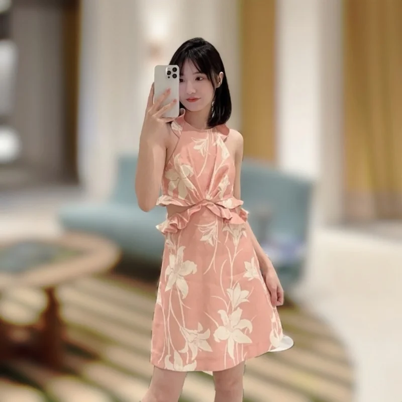 

2024Summer Holiday New French Tea Break Floral Pattern Lace-up Sleeveless Halter Mini Dress Short Skirt