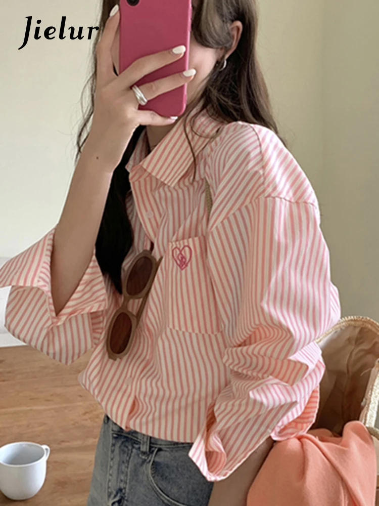 Jielur Pink Striped Embroidery Women Shirt Spring New Drop Sleeves Single Breasted Fashion Female Shirts Chic Casual Office Lady sweet academy letter shirt top strap skirt two piece set women bubble sleeves lapel spicy girl slim summer chic female lady suit