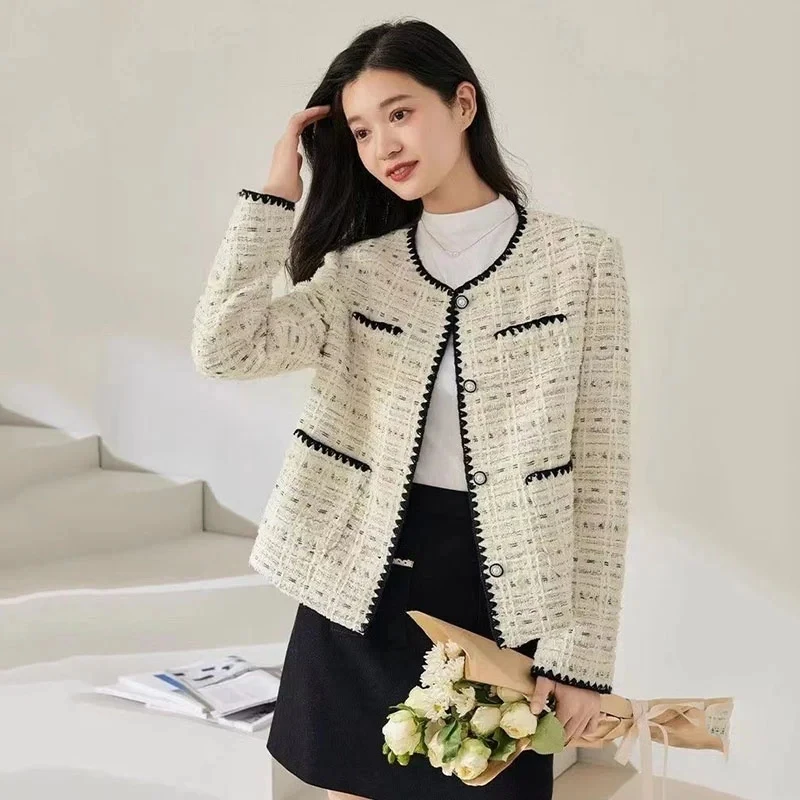 

2024 Spring Autumn New Tweed Jacket Women High Quality plaid Long Sleeve Elegant Short Elegant Ladies Woolen Coat Outwear Tops