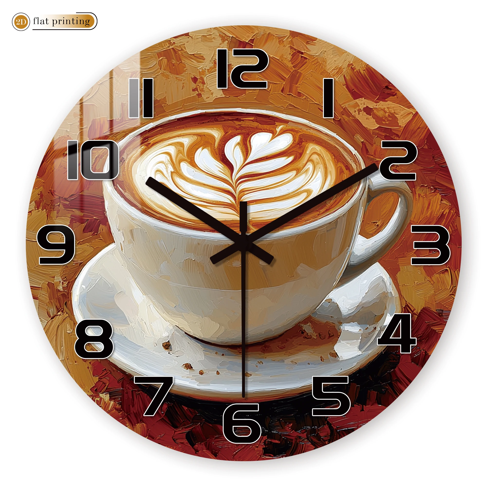 Rustic Coffee Cup Wall Clock, Oil Painting Style Cafe Decor, Vintage Latte Art Timepiece for Kitchen