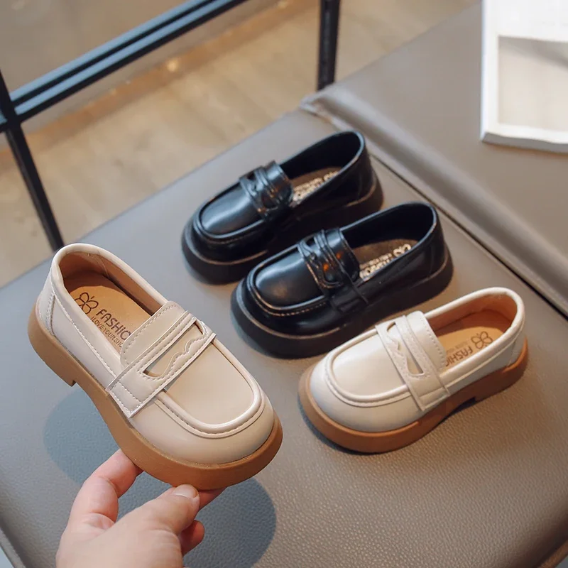 Girls Leather Shoes for Party Wedding Slip-on Simple Solid Black Kids UK Uniform School Shoes Children Loafers 2023 Four Season 2