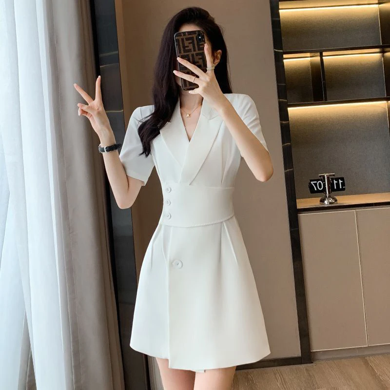 Summer New Office Lady Elegant Fashion Waist Dress Femme Short Sleeve Temperament Solid Robe Vestidos De Fiesta Women\'s Clothing