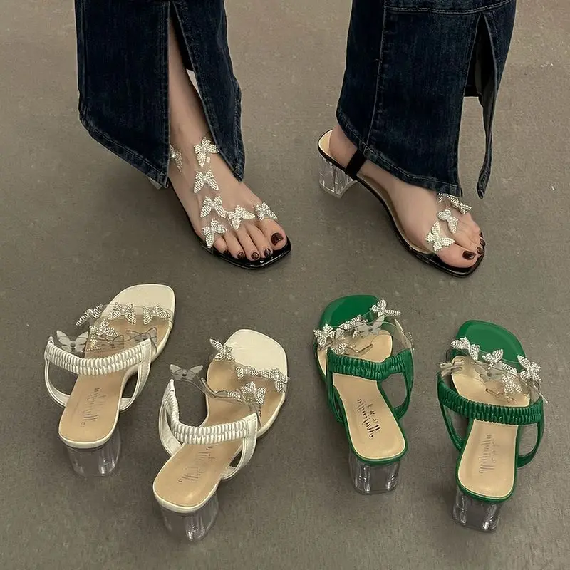

Summer 2023 Diamond Ladies Shoes High Heels Clear Footwear Green Sandals for Women Heeled Square Transparent Pumps Rhinestones H