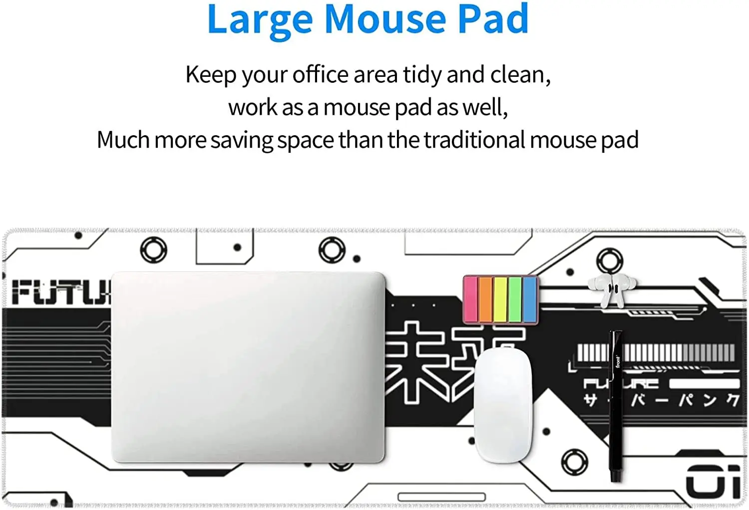 Black and White Future Mouse Pad XL Large Non Slip Rubber Mousepad Stitched Edges Desk Pad Long Extended Mice Pad 31.5X11.8 In