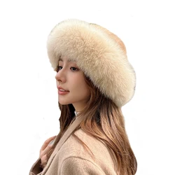 Luxury full leather mink hat, children`s winter tempesrament mink leather paired with fox fur brim disherman hat, revealing smal