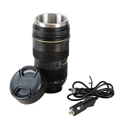 Tasse à café ou à thé avec couvercle, 440ml, verre électrique avec lentille en acier inoxydable, pour voiture 