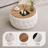 Round Storage Ottoman with Wooden Lid, Tufted Teddy Fabric Circle Ottoman Footrest Stool Bench Coffee Table for Living Room 2