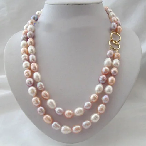 

Favorite Pearl Jewellery,Super 2 Rows 10-13mm Baroque White Pink Freshwater Pearl Necklace,Perfect Wedding Party Lady Gift