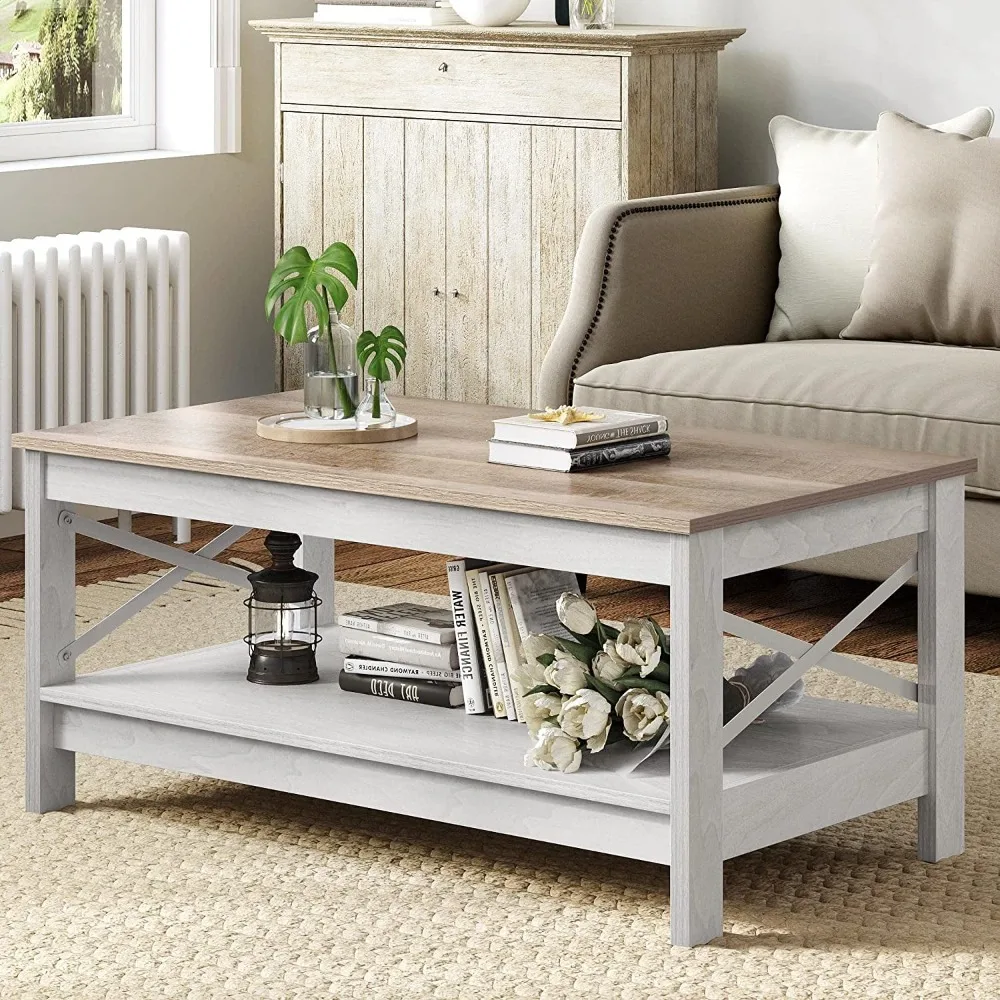 Table 2-Tier Wood Center Table with Storage Shelf for Living Room, Gray, 39.7" 2