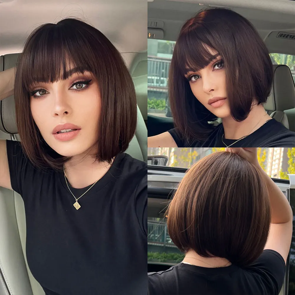 

Black Brown Synthetic Wig with Bangs Middle Short Straight Wigs for Women Cosplay Daily Party Heat Resistant Fiber Hair