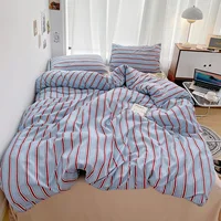 Ensemble de literie quatre pièces en coton lavé, housse simple à rayures rouges et bleues, drap de lit pour le lit 2