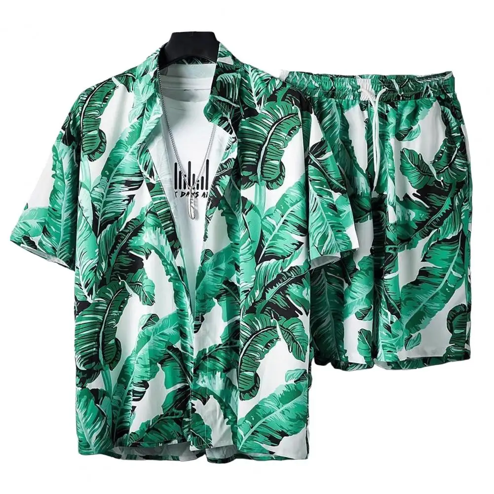 

Hawaiian Style Shirt Shorts Set Hawaiian Style Shirt Shorts Set with Tropical Leaves Print Lapel Collar Drawstring Waist Men's