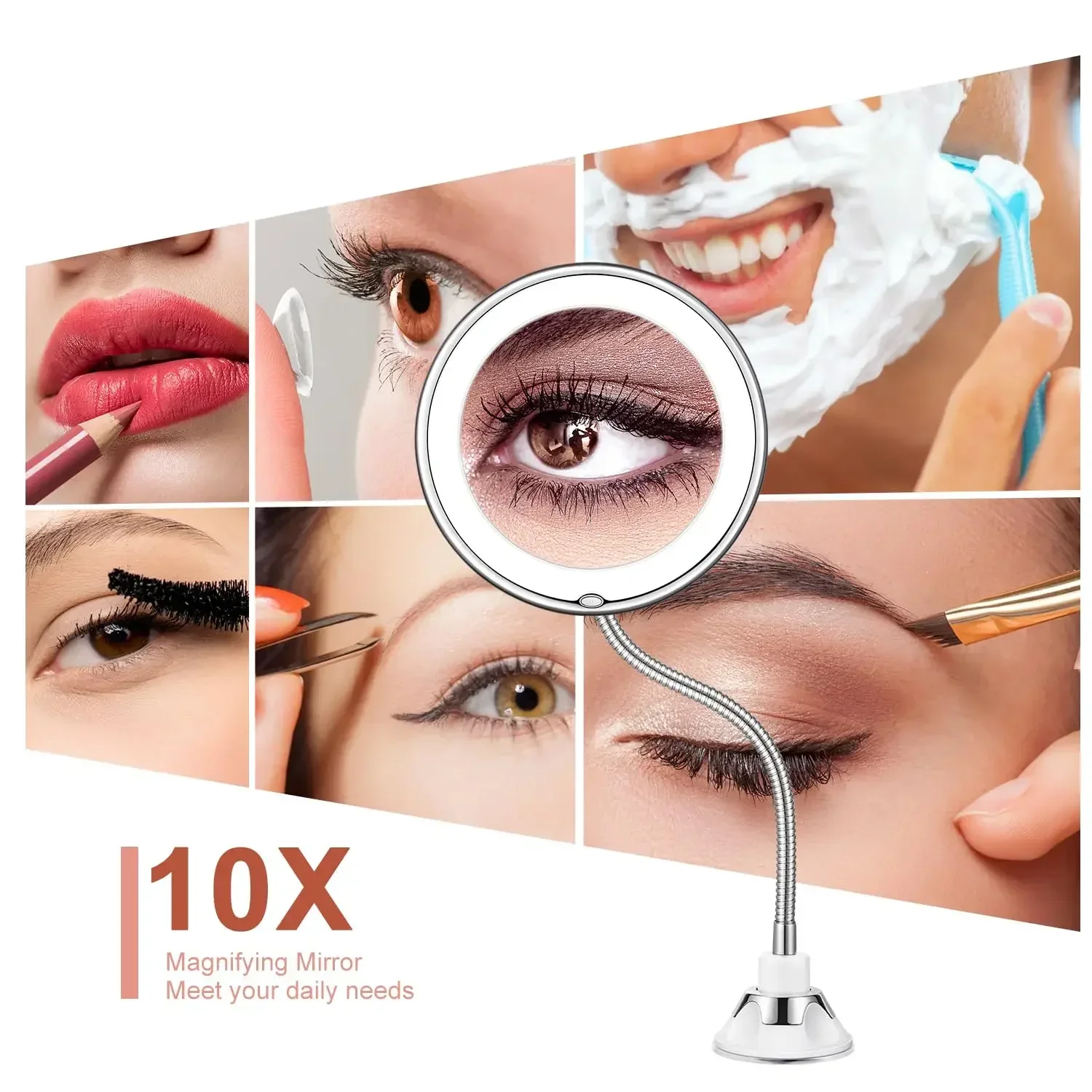 Flexible Makeup Mirror with LED Light 10X Magnifying Cosmetic Gooseneck with Suction Cup Diffused Light 360 Degree Swivel makeup mirror,magnifying mirror