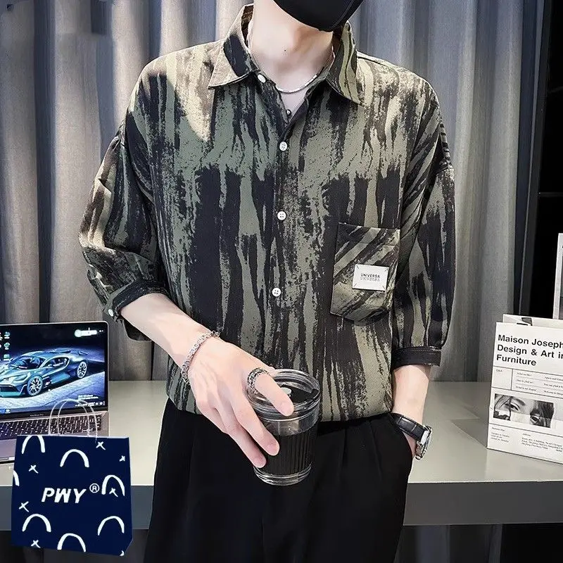 

Summer Men's 2024 New Splicing Turn Down Collar Button Pocket Print Contrast Color All Match Casual Half Sleeve Shirts