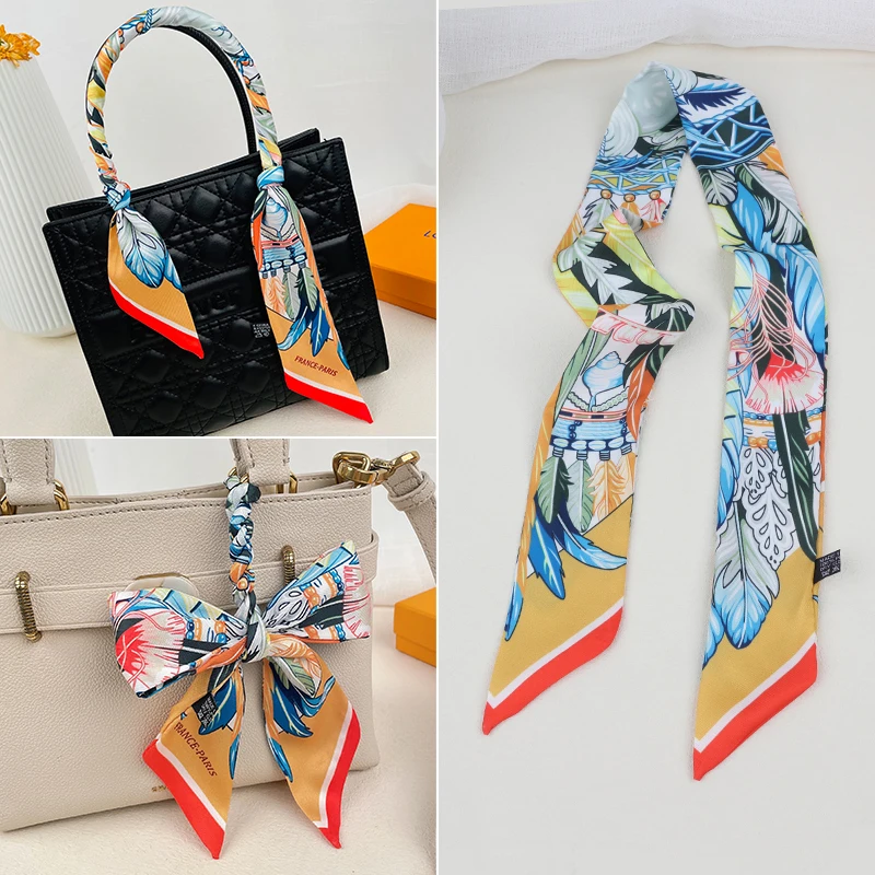 

Europe Fashion New Animal Feather Pattern Ladies Leisure Decoration Twill Long Strip Streamer Silk Scarf Tie Bind a Bag Ribbon