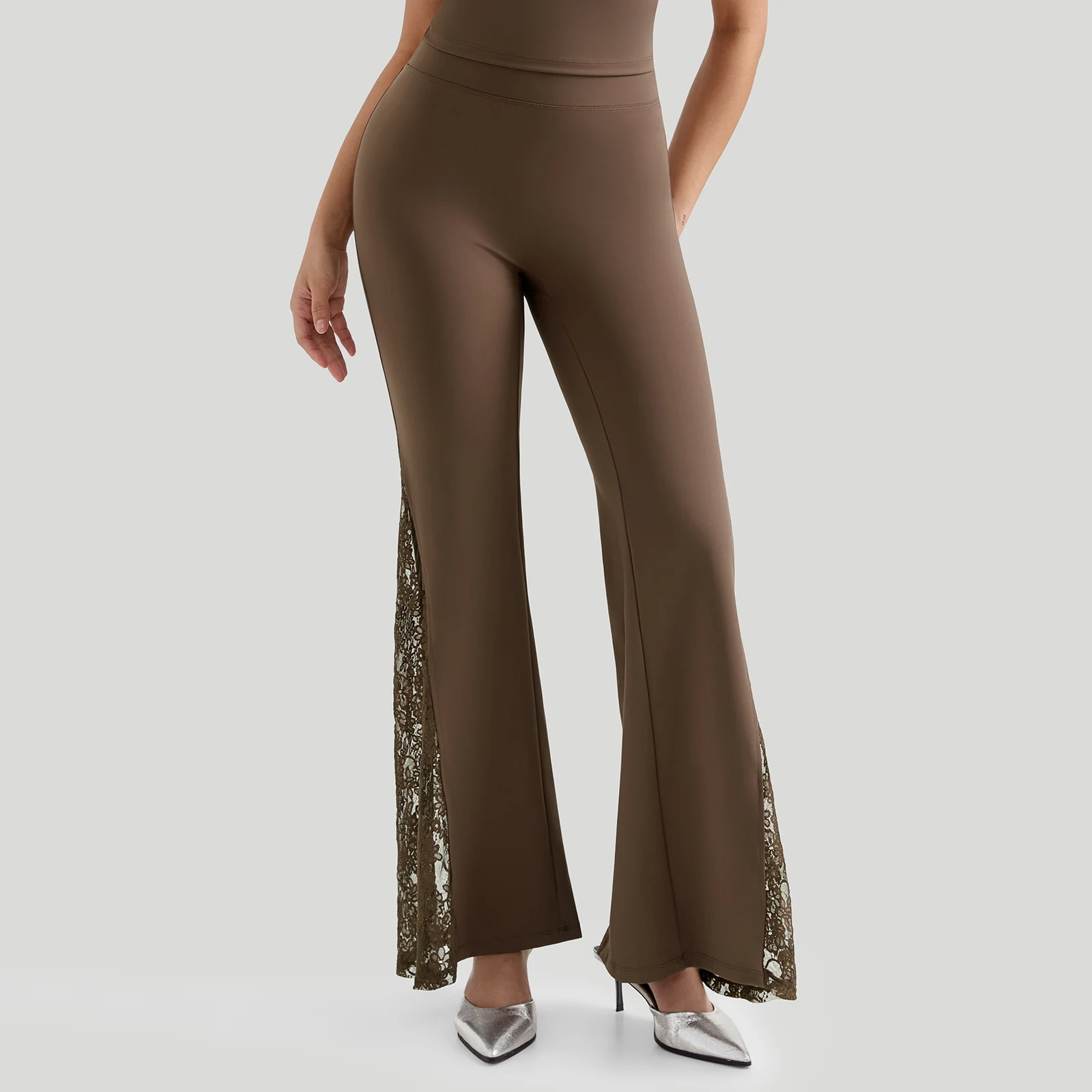 Women Punk Sexy See Through Lace Patchwork Flare Pants Streetwear High Waist Wid Leg Vintage Trousers Y2k Pants Female