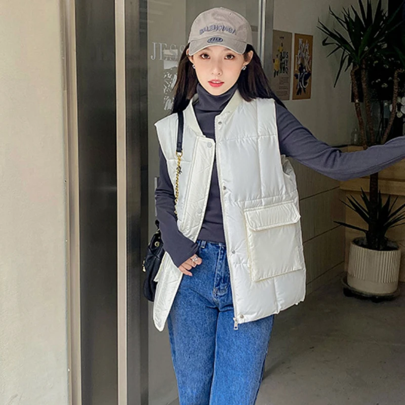 Autumn Winter Women Vest Sleeveless Cardigan Women Thick Puffer Jacket Baseball Jacket Zipper Warm Coat Casual Loose Vests New