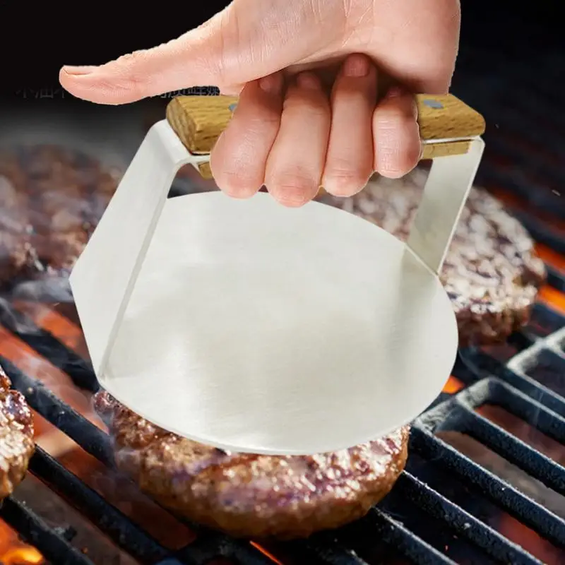 Griddle Burger Press Stainless Steel Grill Press With Wooden Handle Round Smashed Burger Hamburger Smasher Tool For Flat